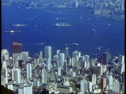 HONG KONG, CHINA, 1982, Hong Kong skyline and harbor from Victoria Peak