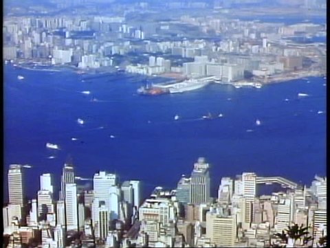 HONG KONG, CHINA, 1982, Hong Kong skyline and harbor from Victoria Peak