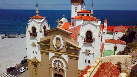 View from the height of the Basilica and townscape in Candelaria near the capital of the island - Santa Cruz de Tenerife on the Atlantic coast. Tenerife, Canary Islands, Spain