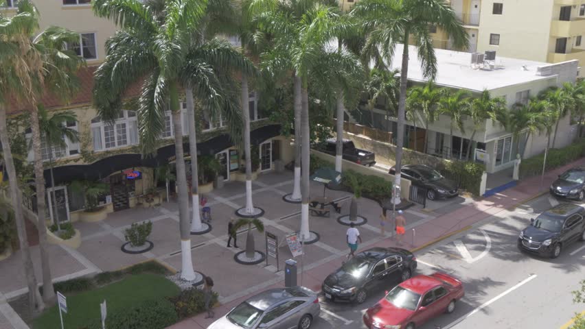 Elevated view of traffic and architecture on Collins Avenue, South Beach, Miami, Florida, United States of America, North America