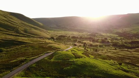 View of countryside in Edale at sunset, Peak District National Park, Derbyshire, England, United Kingdom, Europe