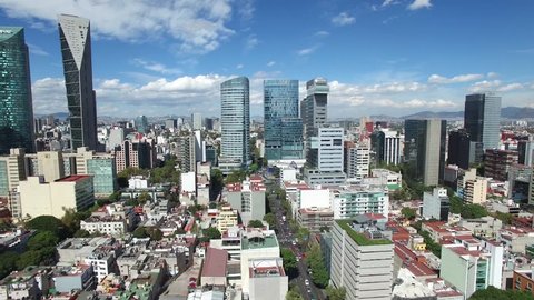 MEXICO CITY, MEXICO - CIRCA 2017: Aerial panoramic view of the skyline in Paseo de la Reforma in Mexico City