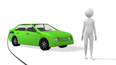 3D person stands near the green electric  car, takes from behind the key and throws it forward. The electric car is connected to the charging device. 