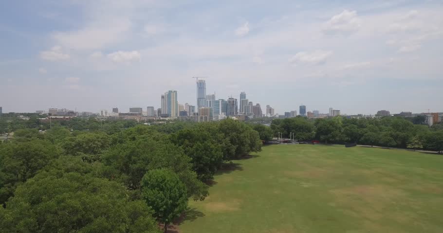 Drone rise up shot of Austin, Texas skyline. 
