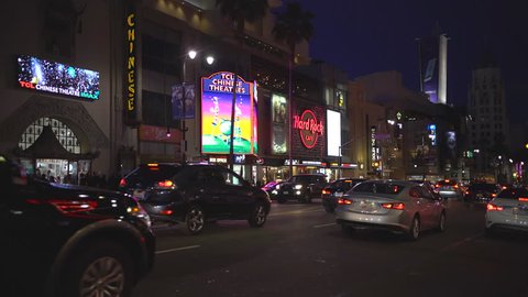 Los Angeles, United States - June, 2017: Hollywood Boulevard with buildings and cars at night
