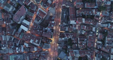 A stunning 4k birdseye view at night of Kadikoy. Istanbul. Turkey. Kadikoy has many houses from the Ottoman and some from Roman period which are hidden in its side streets.
