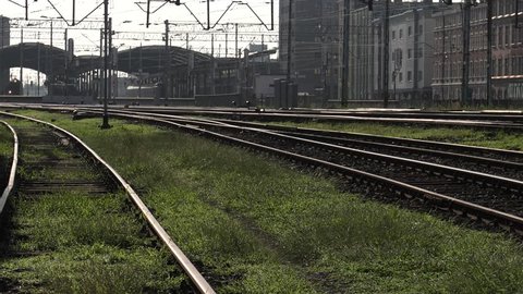 Railway station. Rails. Shot under the sun. 4K, UHD, 50p