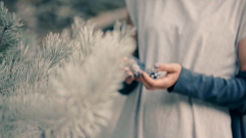 extravagant woman stands in a pine forest and holds pine cones in her hands.
