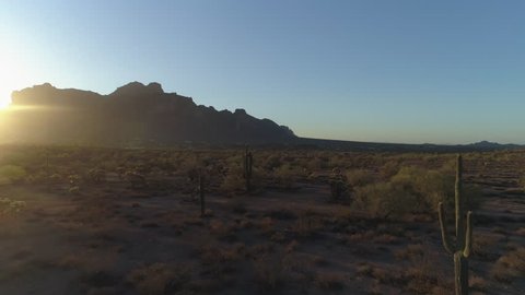 4K Aerial of Iconic Arizona Sonoran Desert with Superstition Mountains During Sunrise