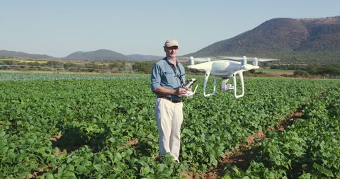 4K view of a farmer monitoring his crops with a drone on a large scale vegetable farm