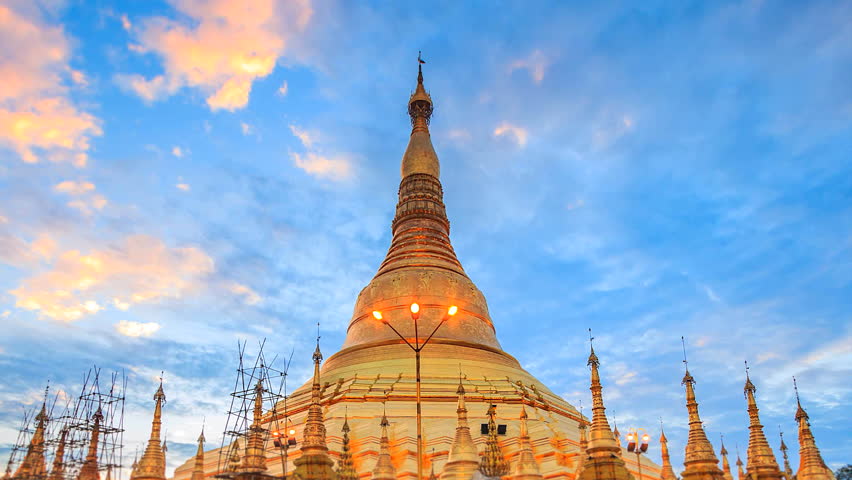 4K. Time Lapse View Sunrise Of Shwedagon Pagoda Yangon Landmark Of Myanmar