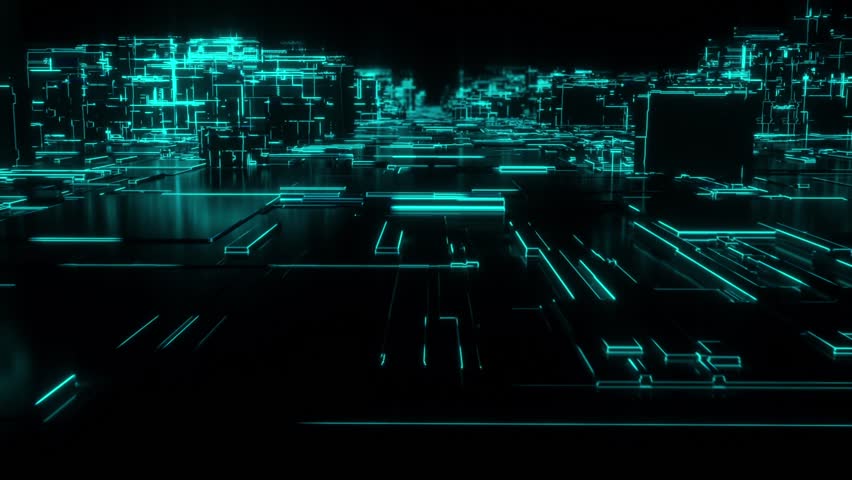 Flying Through digital Neon City, Looped with animated growing buildings and ground network.  | Shutterstock HD Video #1014535700