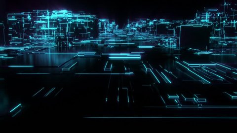 Flying Through digital Neon City, Looped with animated growing buildings and ground network. 