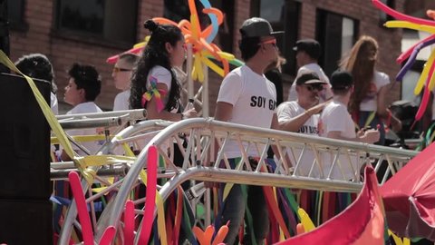 Medellin, Colombia - July 11, 2018: Gay community dancing in a truck during gay pride in Medellin