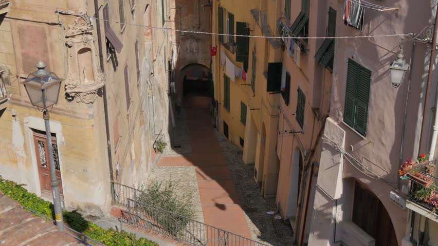 Narrow street near Oratorio di S. Pietro Church, Porto Maurizio, Imperia, Province of Imperia, Liguria, Italy, Europe