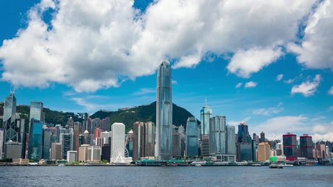 Hong Kong, China - June 08, 2017: Victoria Harbor and Hong Kong Island Skyline. Hong Kong is one of the most densely populated City.