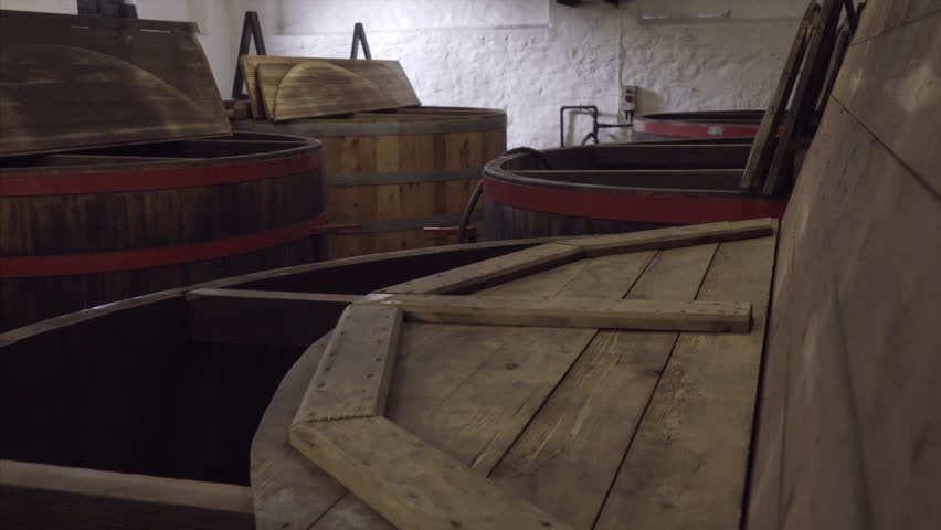 Wooden boat-skin larch vats for fermentation whiskey making Scotland