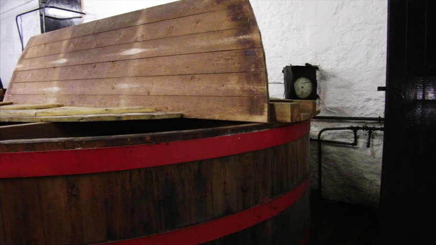 Panoramic shot of wooden tubs for barley fermentation in Campbeltown