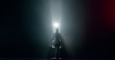 Curtain Opens as Ballerina Entering Stage For Performance Spectacle Female Power Fragility Smoke Silhouette Slow Motion Red Epic