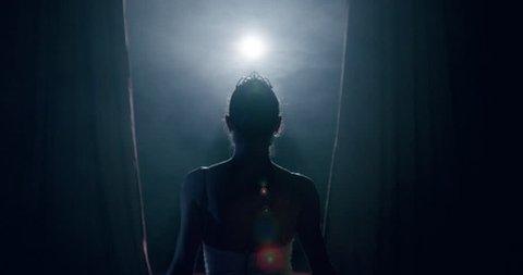 Young Prima Ballerina Entering Stage as Curtain Opens In Front Of Audience Dark Stage Sacrifice Flexibility Smoke Silhouette Slow Motion Red Epic