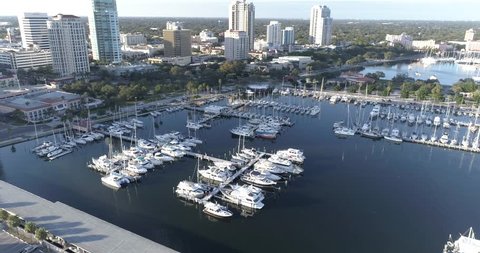 St Petersburg, Fl Aerial View Of City Skyline. St Pete drone. St. Petersburg is a city on Florida's gulf coast, part of the Tampa Bay area. It's known for its pleasant weather 