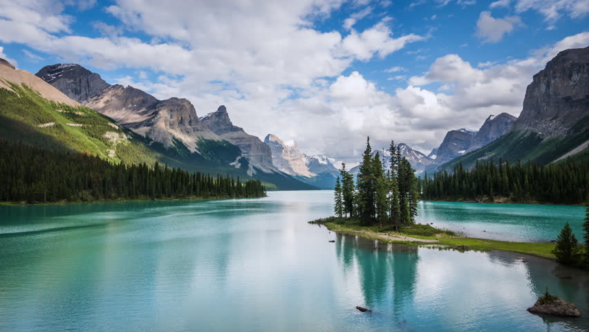 Spirit Island time lapse view in Maligne Lake, Jasper National Park, Canadian Rockies, Alberta, Canada.