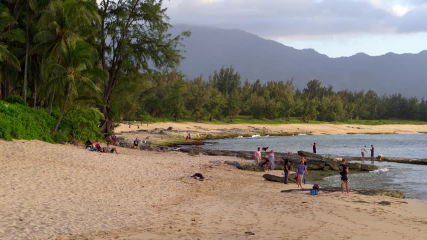 Aerial Drone footage during sunset of Papa’iloa Beach, North Shore, Oahu Hawaii.