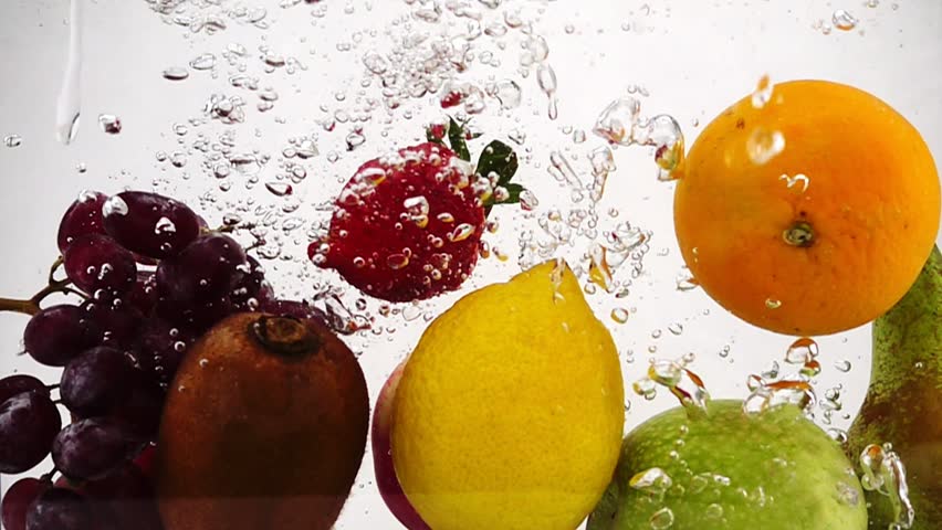 Apple, kiwi, orange, pear, lemon, grape and strawberry falls in water with bubbles. Video in slow motion. - Powered by Shutterstock - Get 15% off with code: PIKWIZARD15