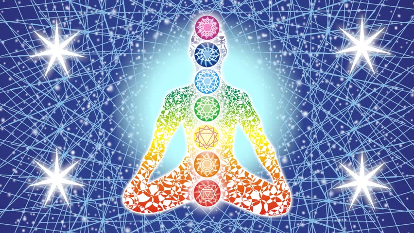 Silhouette of yoga in the lotus position against the background of a rolling mandala and the starry sky. In the background, the sun-aura flashes in time with the breath. 7 chakras with symbols. Video Royalty-Free Stock Footage #1014584048