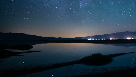 Milky Way Galaxy and Aquarids Meteor Shower Reflections on Lake in Sierra Nevada Mountains California USA Video stock