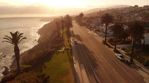 Aerial Shot of Sunset Coastline and Road in San Pedro California USA