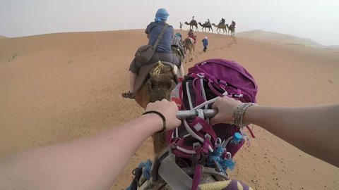 Riding camel through Sahara Desert