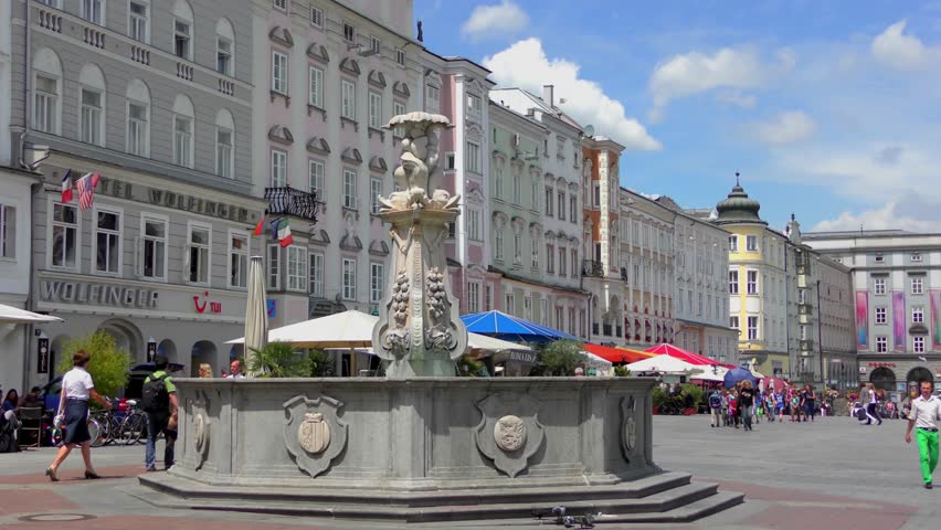 LINZ, AUSTRIA - JUNE 25, 2015: 4K footage of the historical Hauptplatz (Main Square) on 25 June, 2015 in Linz, Austria. Linz is the third-largest city of Austria and capital of the state of Upper Aust