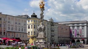 LINZ, AUSTRIA - JUNE 25, 2015: 4K footage of the historical Hauptplatz (Main Square) on 25 June, 2015 in Linz, Austria. Linz is the third-largest city of Austria and capital of the state of Upper Aust
