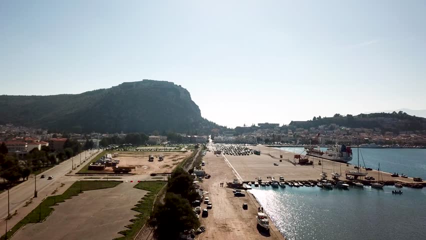 Aerial view of small port/shipyard with Greek Navy.