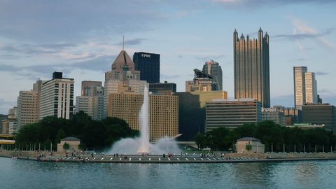 PITTSBURGH, PA - Circa May, 2015 - An evening establishing shot of the iconic fountain at The Point in downtown Pittsburgh, PA.