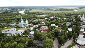 View from drones of historical part of the Vladimir with Klyazma River 
