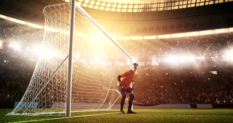 Attacker receives a pass and scores a header goal on a professional soccer stadium while the sun shines. Stadium and crowd are made in 3D and animated. Royalty-Free Stock Footage #1014614720