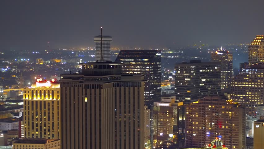 City at night aerial drone footage New Orleans