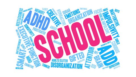 School ADHD word cloud on a white background.