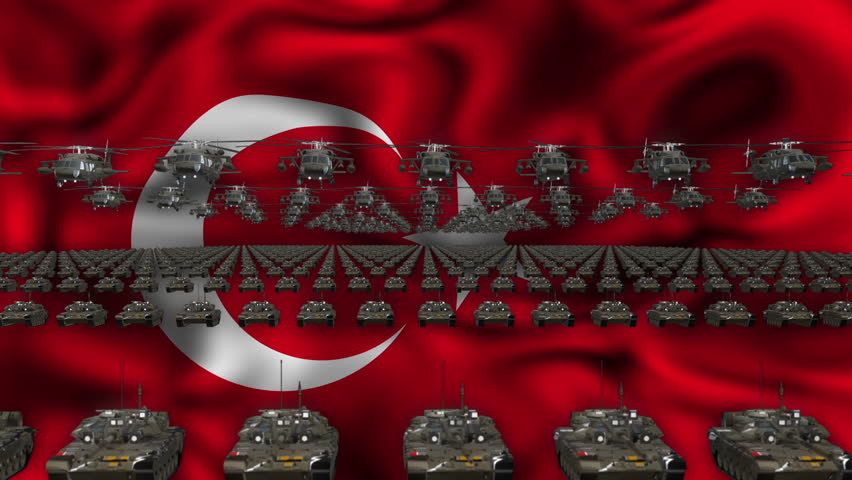 VJ loop with heavy machinery riding towards you on the background of flag