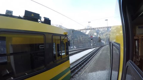 Train ride from Wengen to Lauterbrunnen, Jungfrau region, Bernese Oberland, Swiss Alps, Switzerland, Europe