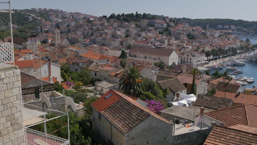 Elevated view of the town and harbour of Hvar, Hvar Island, Dalmatia, Croatia, Europe