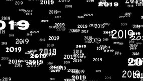 Array of white numbers 2019 floating, approaching on a black background. Next New Year. Merry christmas. Set of randomly arranged numbers. Seamless looping video. 3D rendering.  4K, 3840x2160.