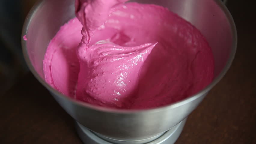 Pink cream, mousse. Preparation and whipping of pink fillings for confectionery products with an electric mixer