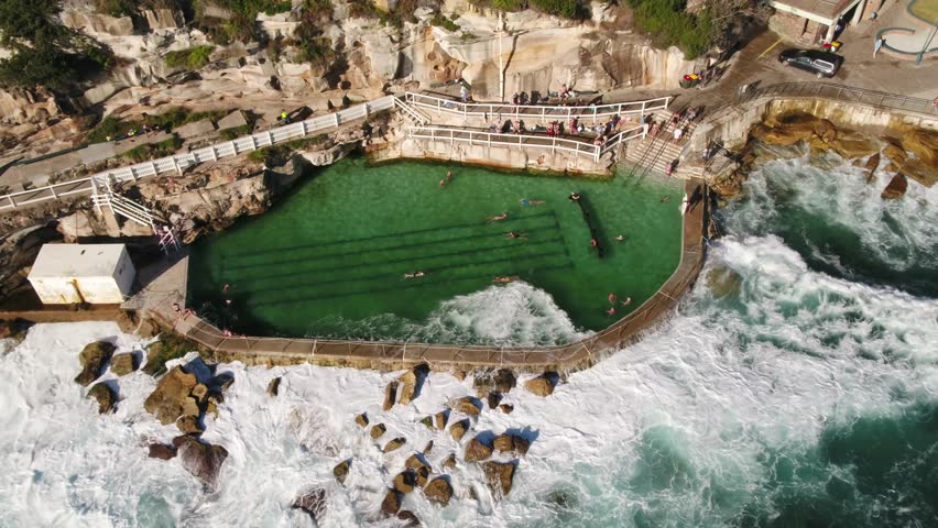 Aerial of Bronte pool, Bronte Beach, Sydney, New South Wales, Australia, Pacific
