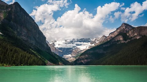 Time lapse view of Lake Louise in Banff National Park, Canadian Rockies, Alberta, Canada. Zoom in. 