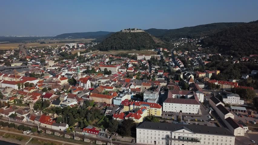 Aerial panorama of Hainburg an der Donau town, Bruck an der Leitha district, Lower Austria.