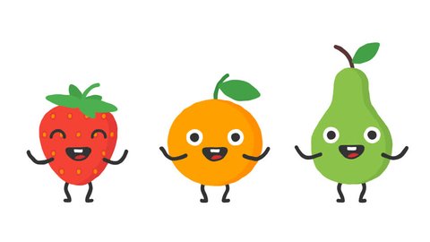 Set dancing fruits strawberry orange pear. Loop animation. Alpha channel.