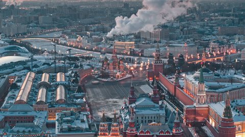 Aerial view of popular landmark Kremlin, Moscow during winter
